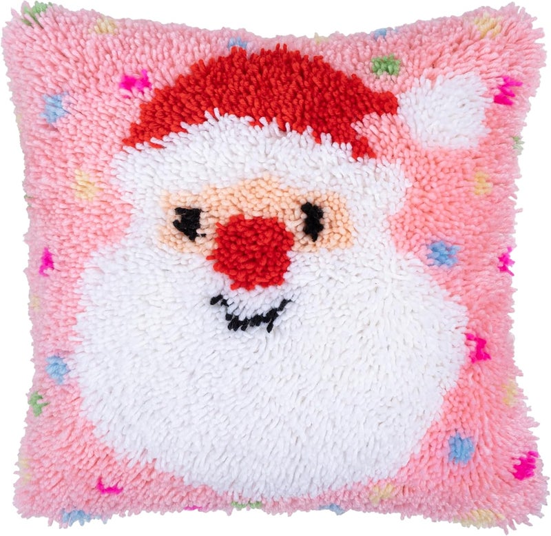 Beyond Your Thoughts Christmas Latch Hook Kits DIY Pink Throw Pillow Cover Cute Santa with Color Pattern Printed for Kids Adults Beginners Family Decoration 16.5 * 16.5 inches BZ2403 - Image 1